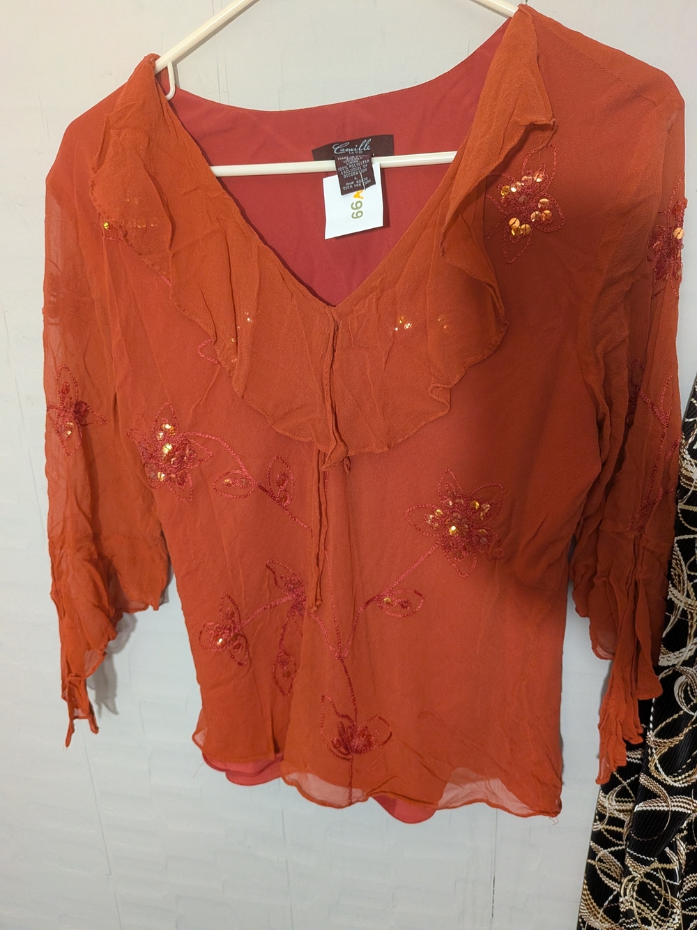 Camille La Vie Orange Embroidered Ruffle V-Neck Blouse